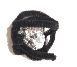 DIY Cat Toy tin foil in a pipe cleaner ball completed
