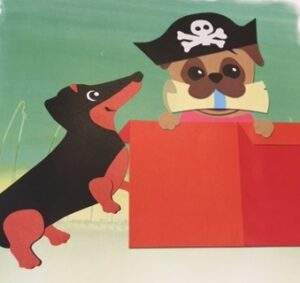 Penny P Pug finds a clue for the Pirate Treasure Hunt in the red box